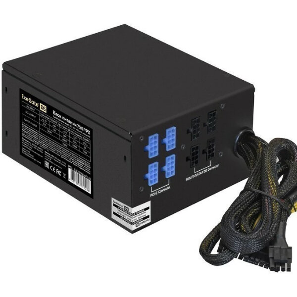 Блок питания 750W ExeGate EX292336RUS 750PPX (ATX, APFC, КПД 80% (80 PLUS), 14cm fan, 20+4pin, 2x2x(4+4)pin, 6xPCI-E, 8xSATA, 4xIDE, Cable Management,