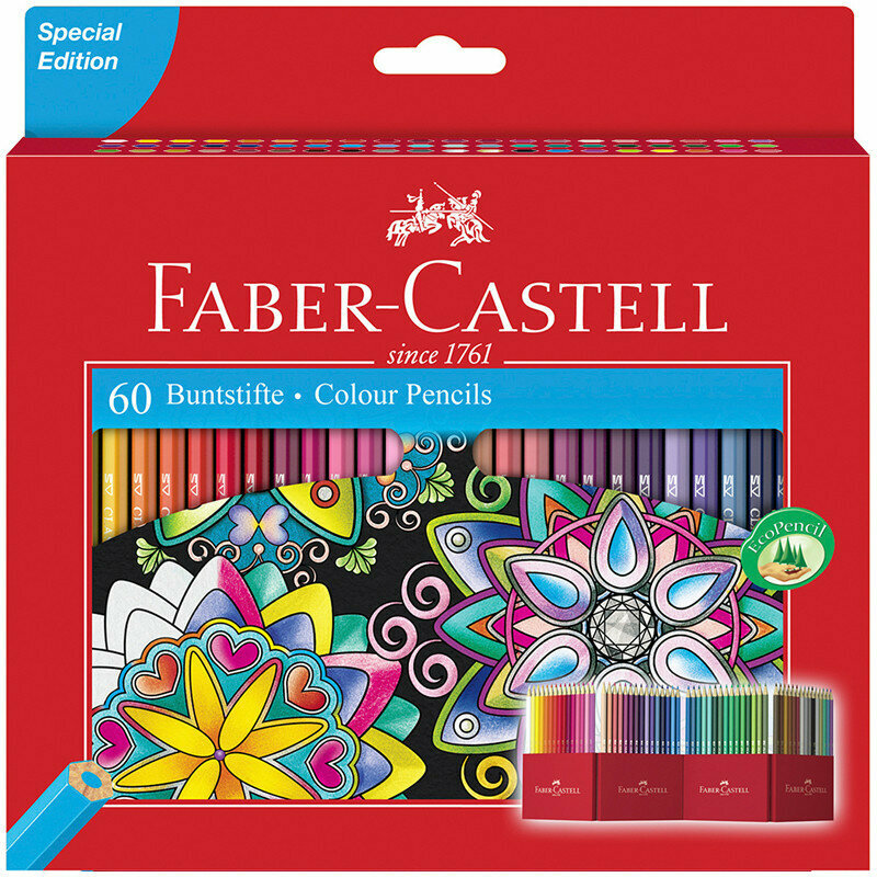 Карандаши цветные Faber-Castell, 60цв., заточен., картон. подставка, европодвес, 286237