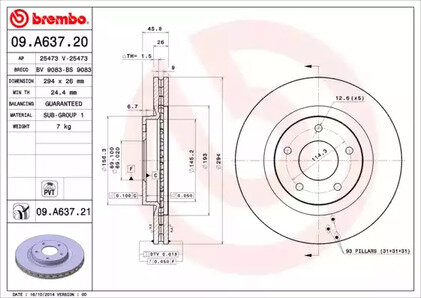 Диск тормозной передний 294mm PVT окрашенный для MITSUBISHI ASX (GA_W_) 1.6 MIVEC BREMBO 09A63721