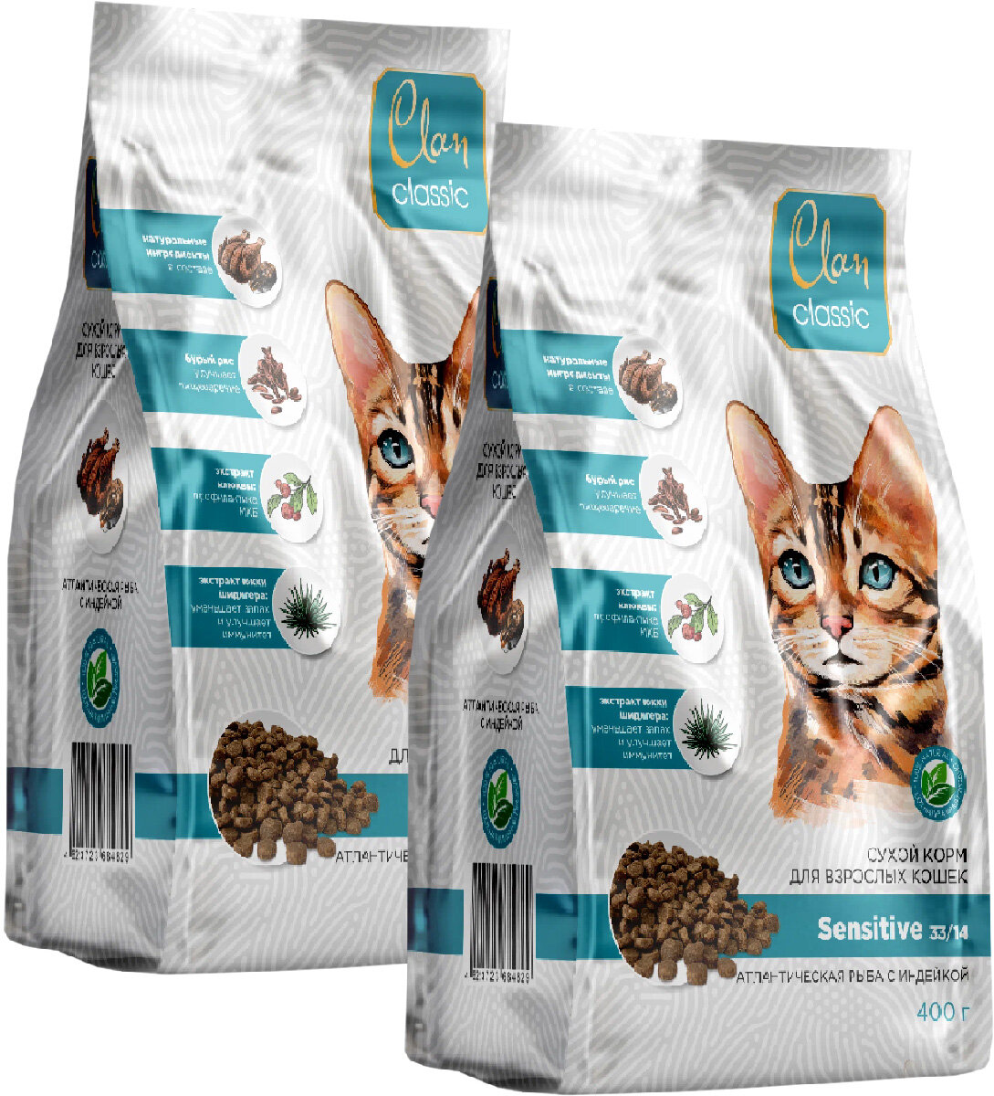 CLAN CLASSIC SENSITIVE 33/14 для взрослых кошек с чувствительным пищеварением с атлантической рыбой и индейкой (0,4 + 0,4 кг)