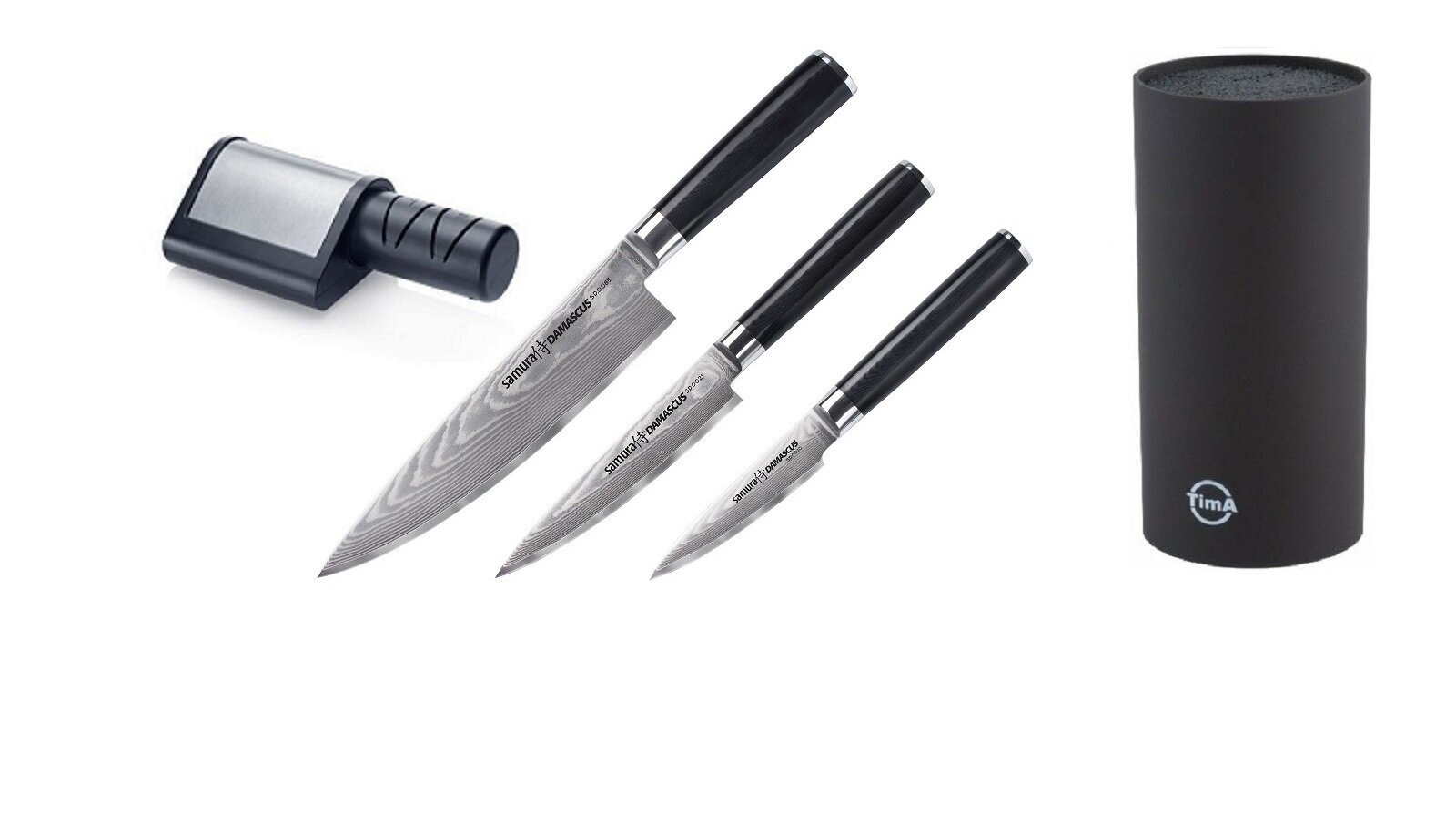 SD-0230КРЧПТЭЛТ набор из 3-Х ножей SAMURA DAMASCUS овощной, универсальный, Шеф, подставка и электоточилка