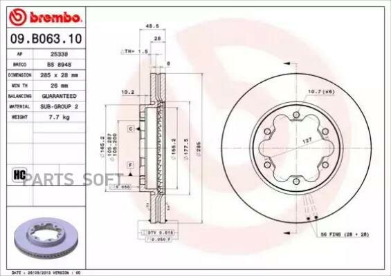 Тормозной диск передний brembo 09.B063.10 для Toyota Hiace