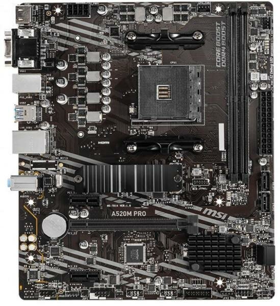 MSI Материнская плата MSI A520M PRO Socket AM4 AMD A520 2xDDR4 1xPCI-E 16x 2xPCI-E 1x 4 mATX Retail