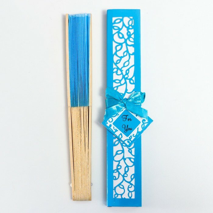 Веер бамбук, текстиль h=21 см "Моноцвет" в коробке, голубой - фотография № 7