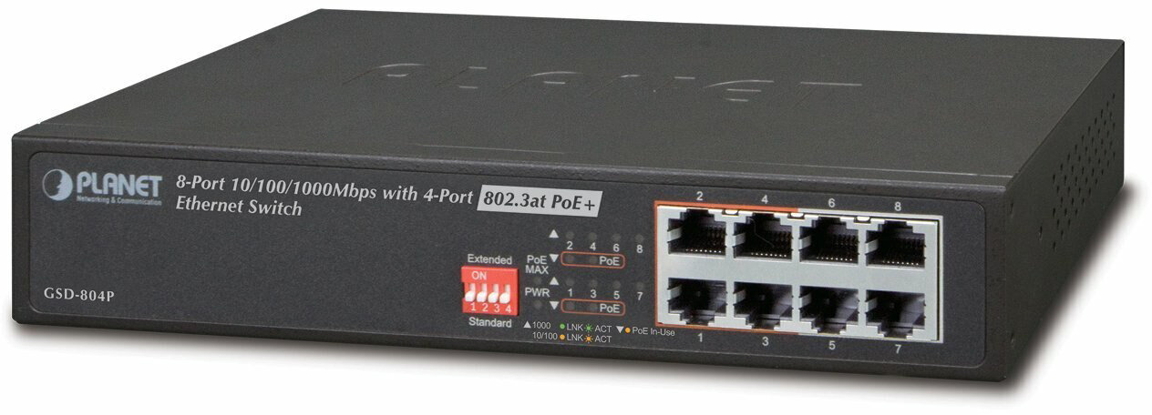 коммутатор/ PLANET 10" 8-Port 10/100/1000 Gigabit Ethernet Switch with 4-Port 802.3at PoE+ Injector