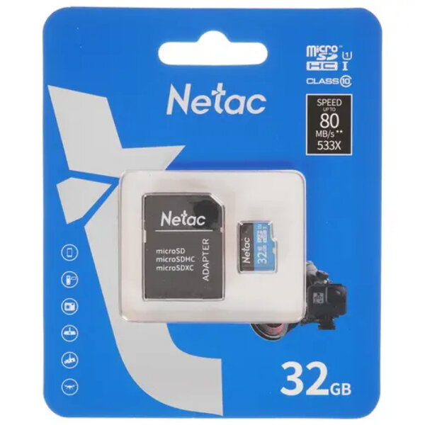 Память MicroSDHC 032Gb Netac Class 10 UHS-I U1 P500 Standard + адаптер (NT02P500STN-032G-R)