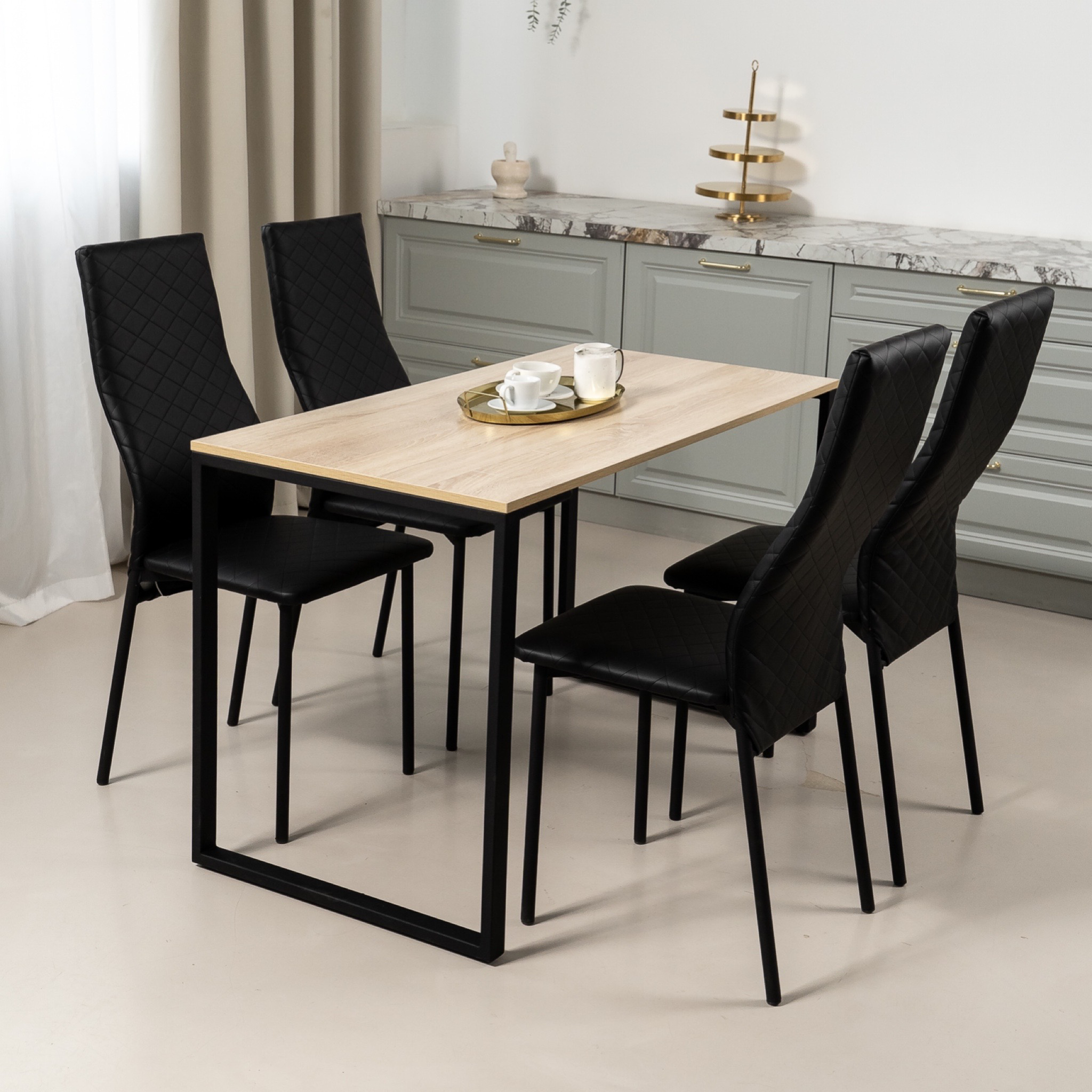 Обеденная группа Стол и 4 стула стол «Дуб Сонома» 120х60х75 стулья Черные искусственная кожа 4 шт.