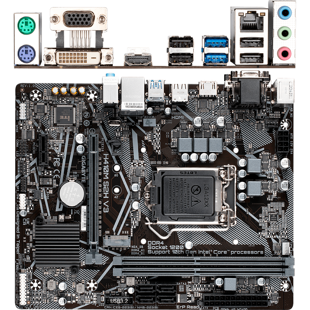 Материнская плата Gigabyte H410M S2H V3 H510 Socket-1200 2xDDR4, 4xSATA3, 1xM.2, 1xPCI-E16x, 2xUSB3.2, D-Sub, DVI-D, HDMI, Glan, mATX