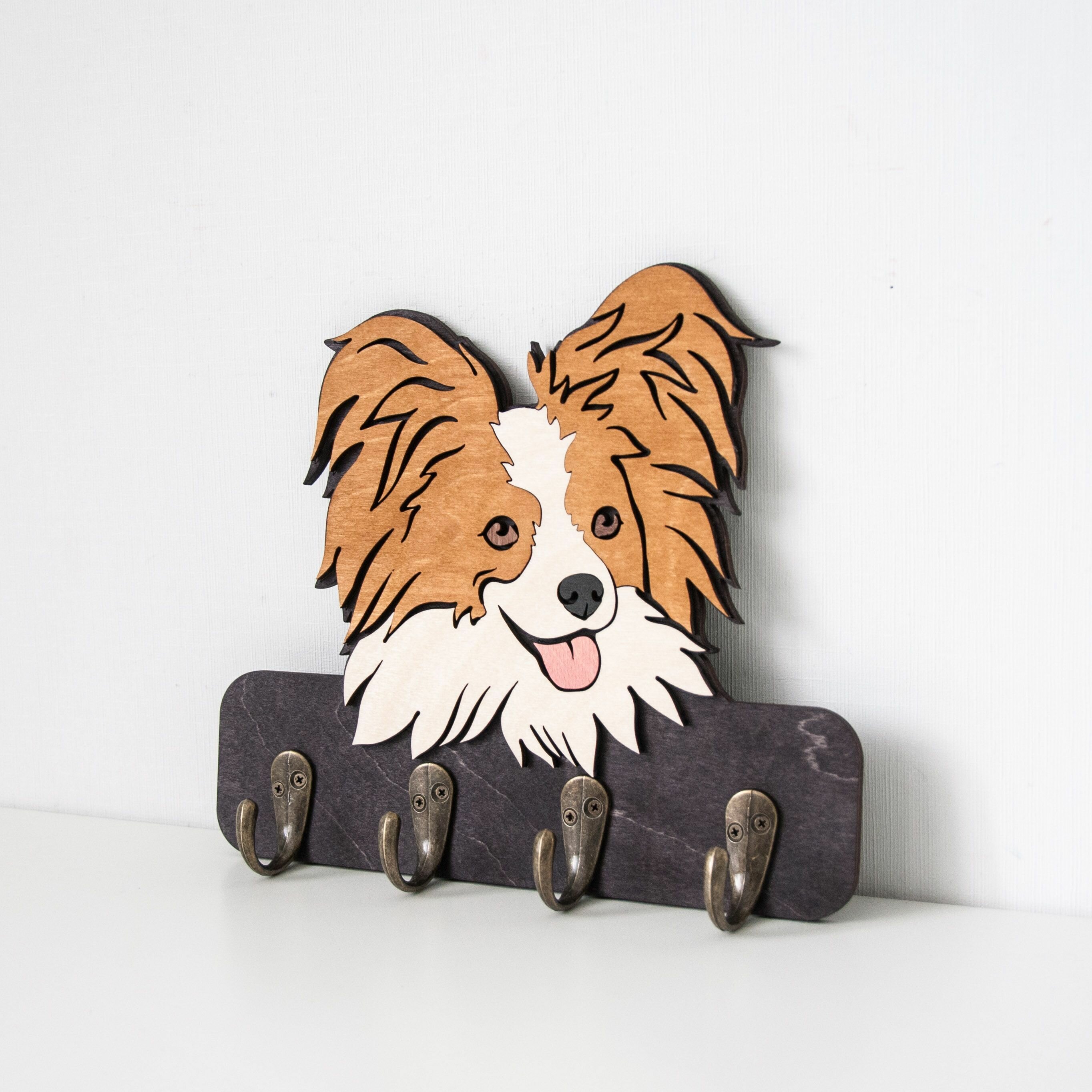 Вешалка для поводков из дерева настенная собака Папильон - фотография № 4