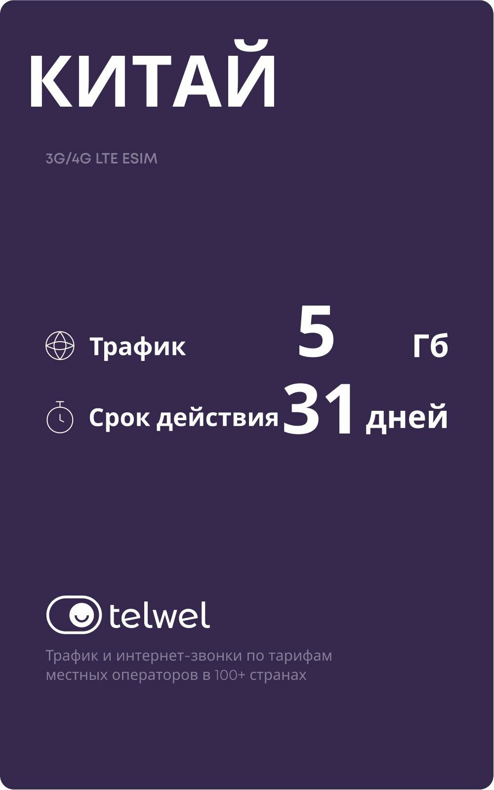 Туристический eSIM Telwel пакет «интернет и мессенджеры». Китай 5Гб|31 день [Карта цифрового кода]