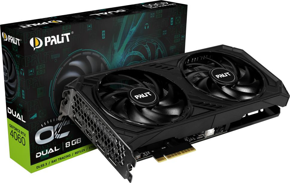 Видеокарта Palit PCI-E 4.0 RTX4060 DUAL OC NVIDIA GeForce RTX 4060 8192Mb 128 GDDR6 1830/17000 HDMIx1 DPx3 HDCP Ret