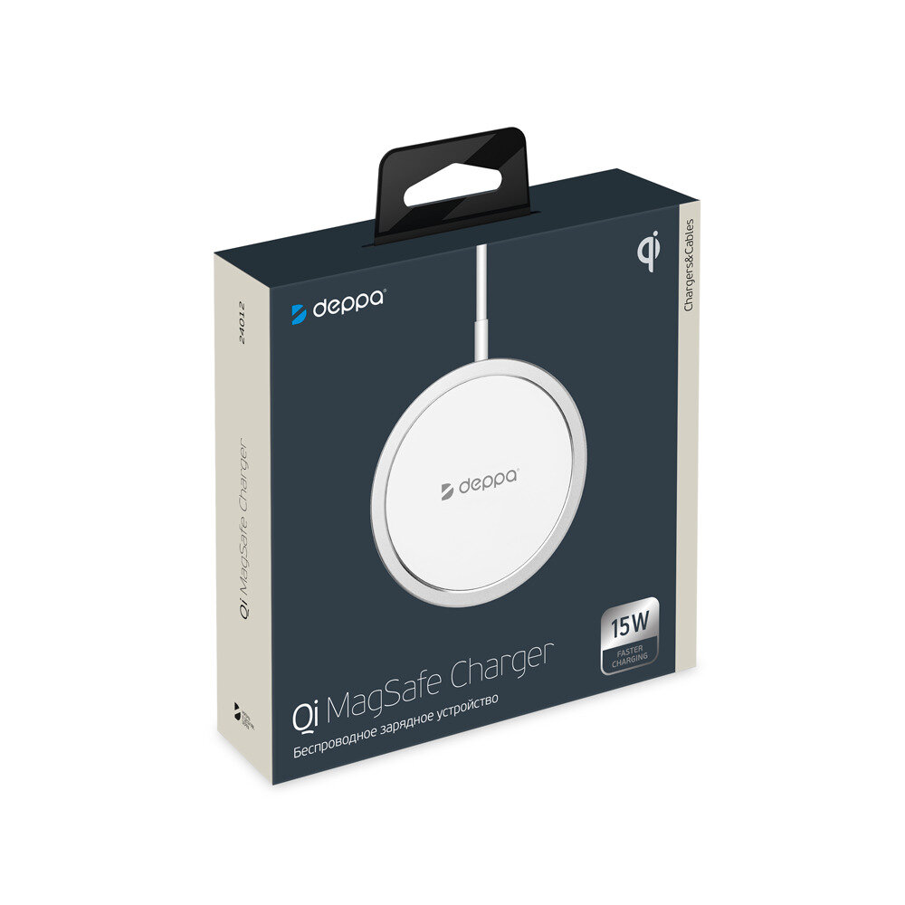 Сетевое зарядное устройство беспроводное MagSafe Qi 15W Deppa Qi Fast Charger, серебро