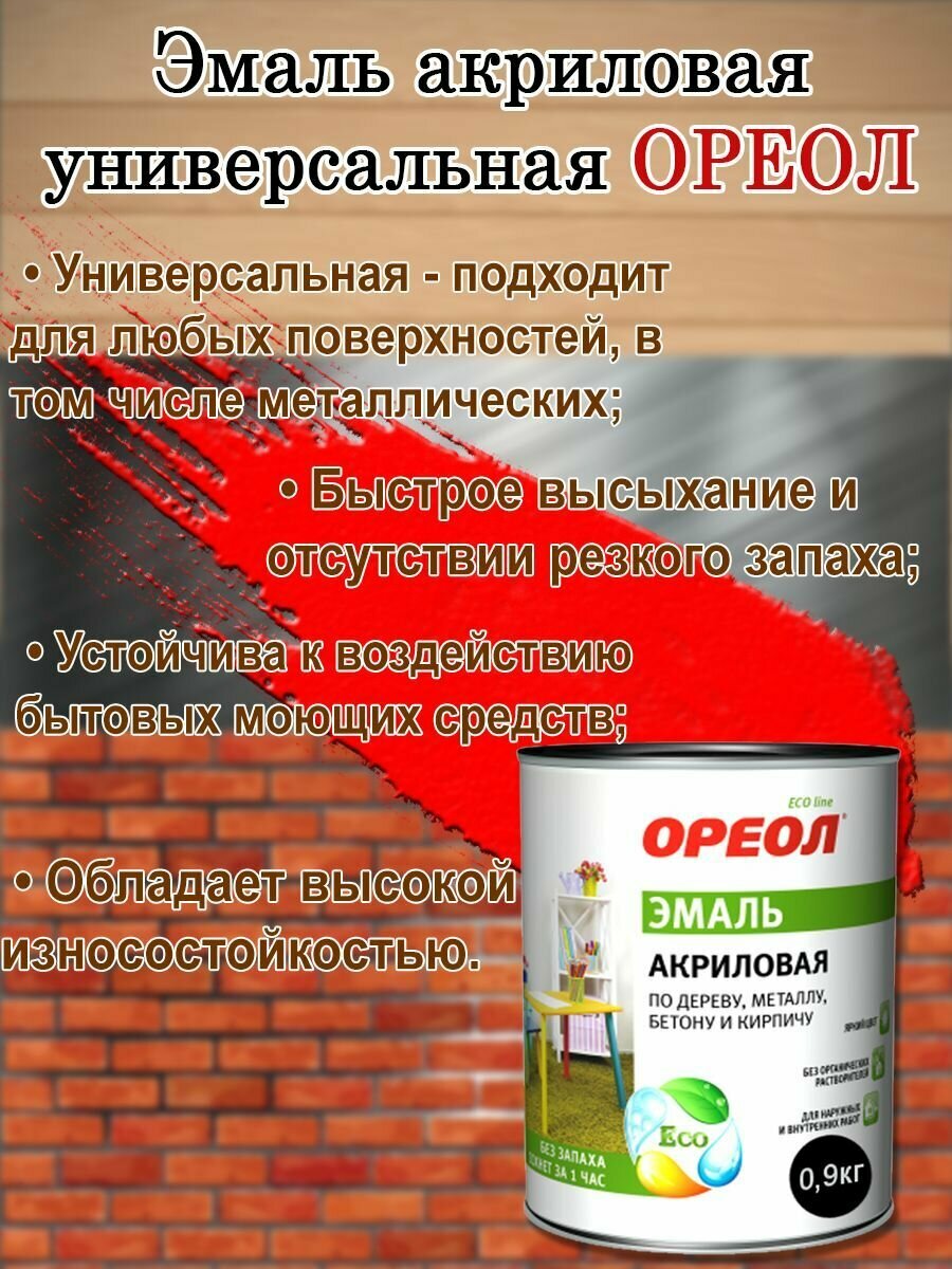 Эмаль акриловая универсальная Ореол Красная Глянцевая 09кг быстросохнущая без запаха; краска по дереву металлу бетону кирпичу