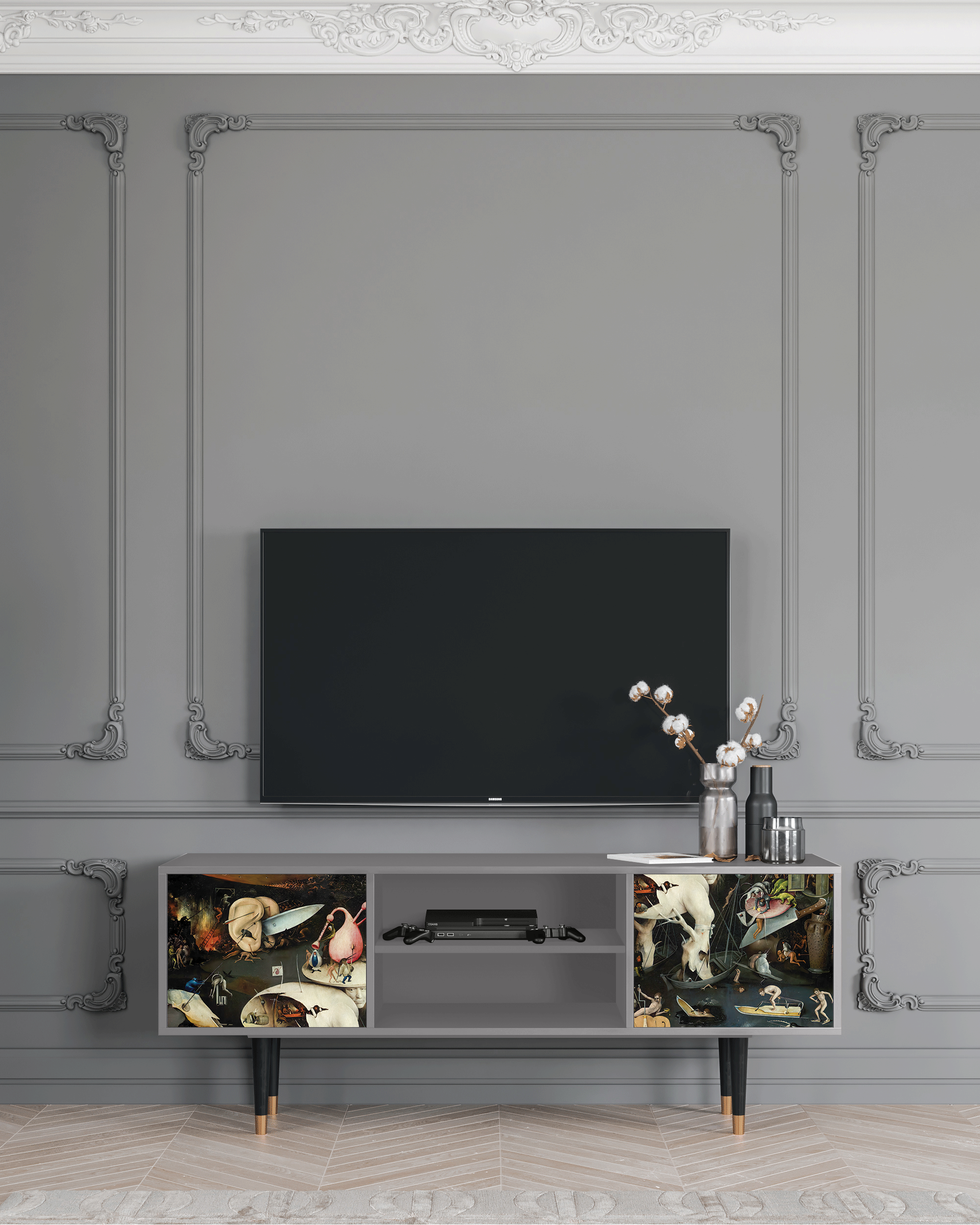 ТВ-Тумба - STORYZ - T2 The Garden of Earthly Delights by Hieronymus Bosch, 170 x 69 x 48 см, Серый - фотография № 1