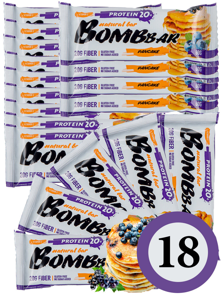 Протеиновый батончик Bombbar Protein Bar 18 x 60 г, Смородиново-черничный панкейк