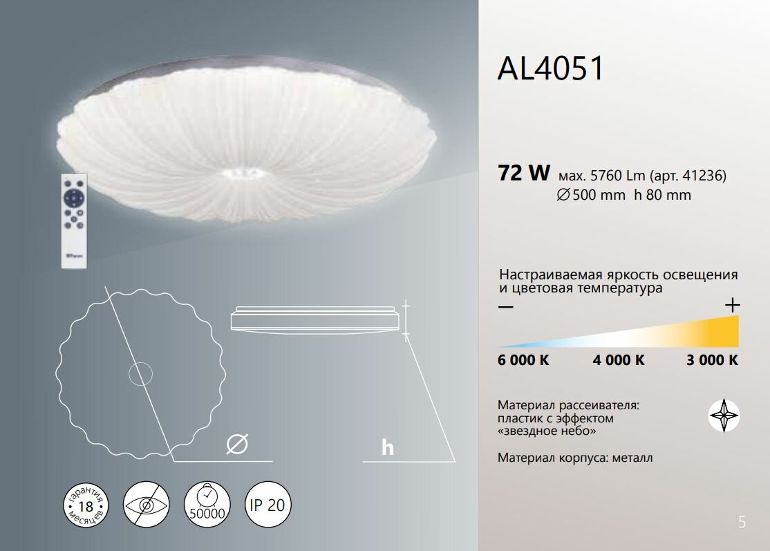 Светодиодный управляемый светильник накладной Feron AL4051 Hygge тарелка 72W 3000К-6000K белый fr_41236 - фотография № 3