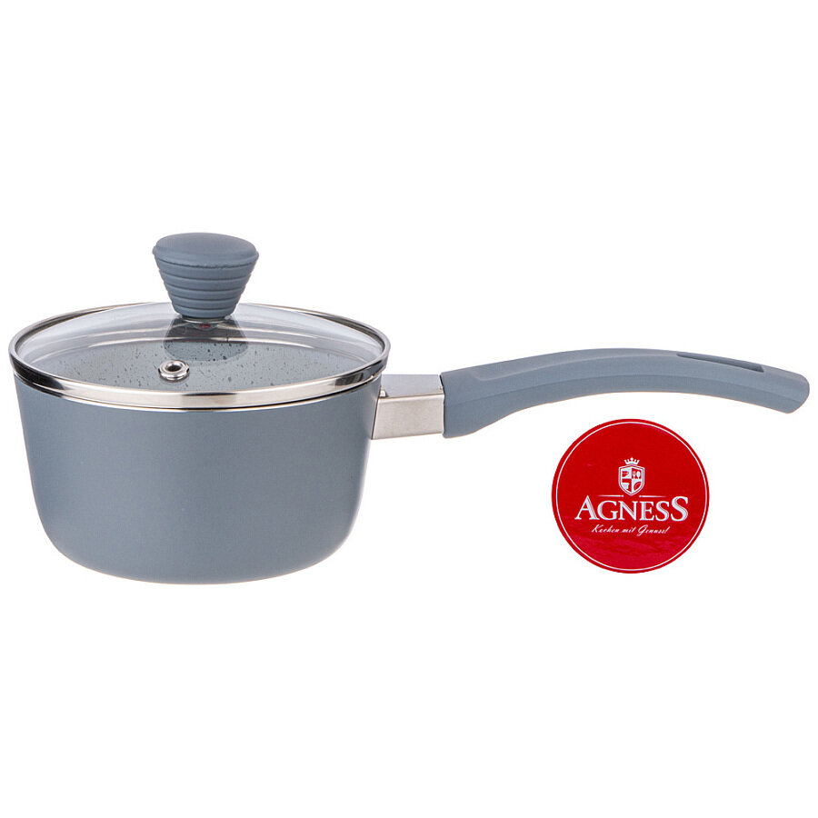 фото Ковшик agness Арктик антип. покр. ручка soft touch и стекл. крышкой 600 мл 12*6 см