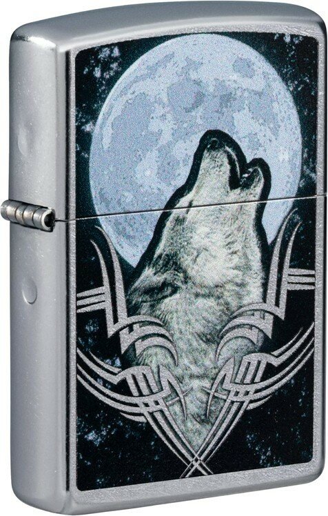 Зажигалка ZIPPO Howling Wolf с покрытием Street Chrome, латунь/сталь, серебристая, 38x13x57 мм - фотография № 1