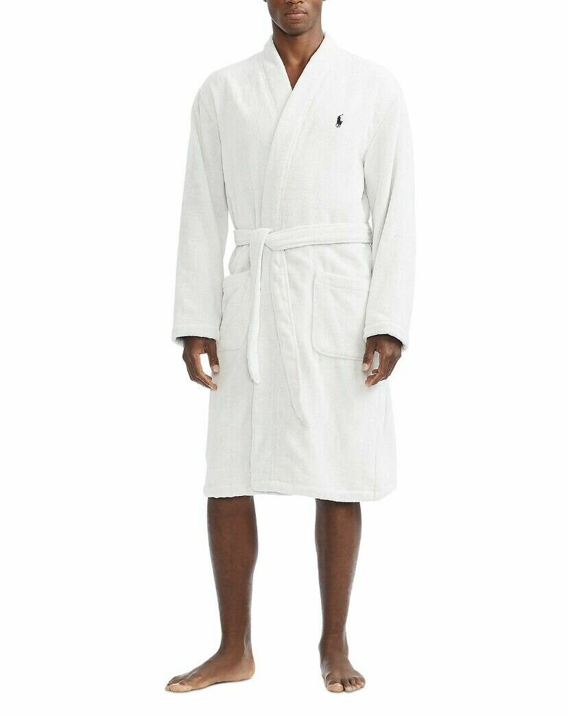 Халат Polo Ralph Lauren мужской S/M бело-серый с лого на спине - фотография № 1