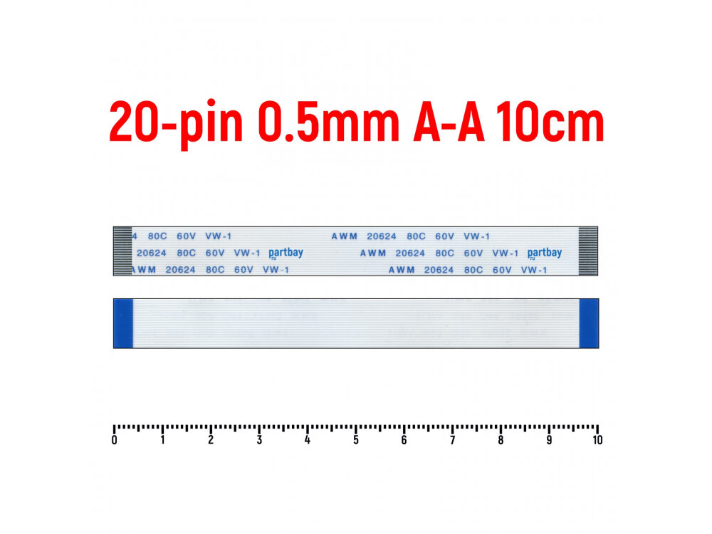 Шлейф FFC 20-pin Шаг 0.5mm Длина 10cm Прямой A-A AWM 20624 80C 60V VW-1