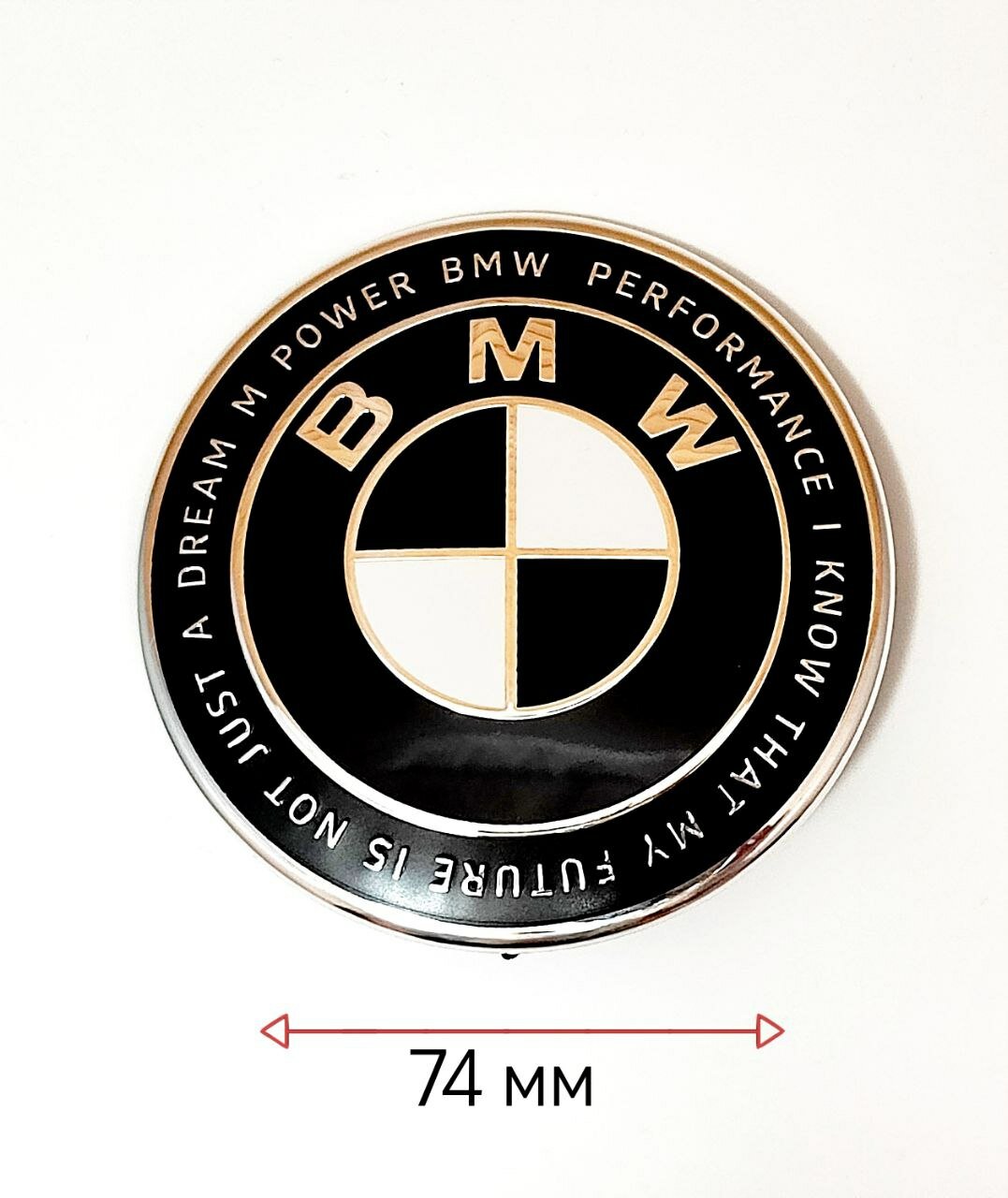 Эмблема БМВ задняя/значок на багажник 74 мм (с надписью) черно-белая