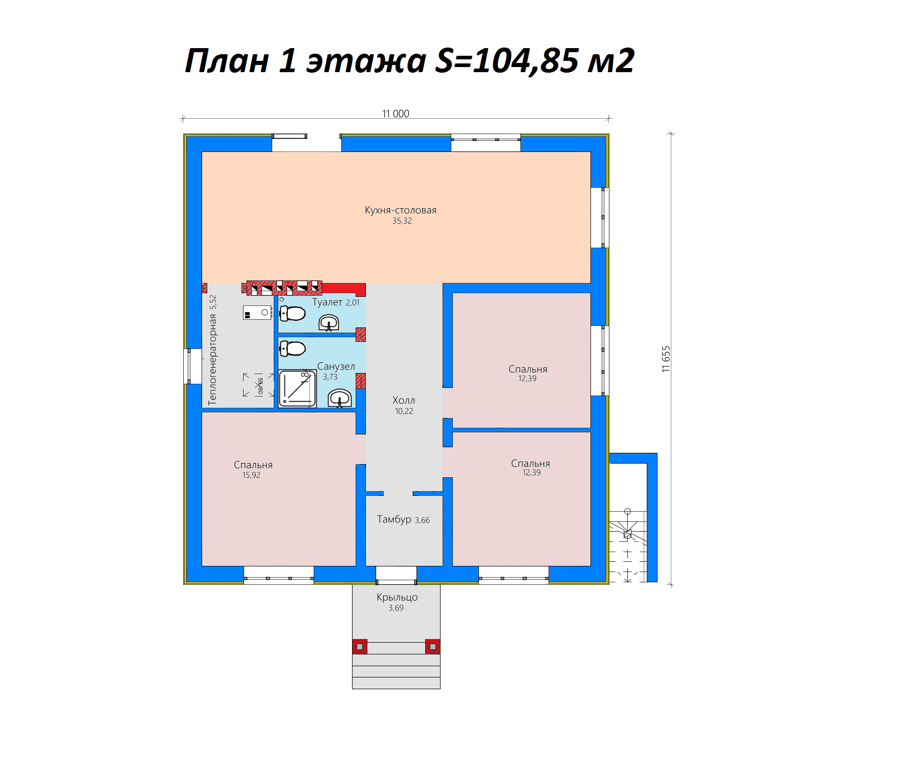 Проект готового дома SD-proekt 11-0066 (104,85 м2, 11,0*11,655 м, газобетон 400 мм, утепление 50 мм, декоративная штукатурка) - фотография № 5