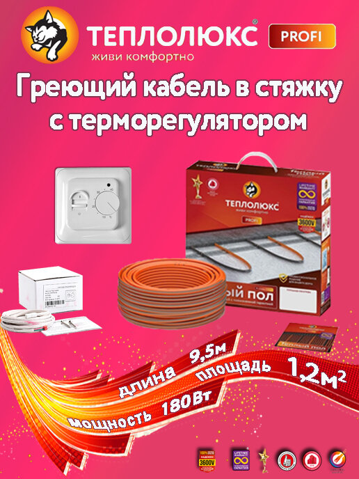 Нагревательный кабель в стяжку Теплолюкс ProfiRoll 95 м/180 Вт с механическим терморегулятором