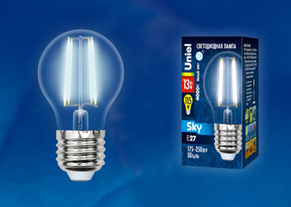 Uniel Лампа светодиодная шар белый свет (UL-00005908) Е27 13W 4000K прозрачная LED-G45-13W/NW/E27/CL (10шт упаковка)