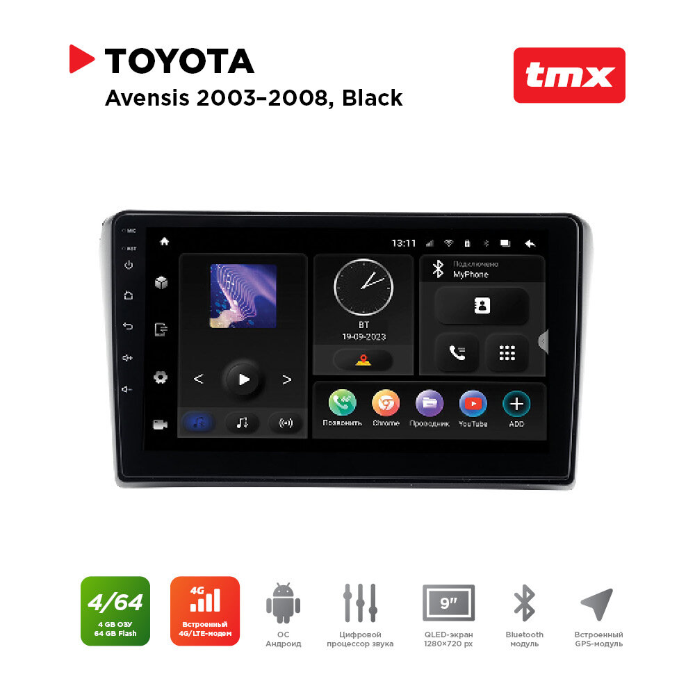 Автомагнитола Toyota Avensis 03-08 black (MAXIMUM Incar TMX-2219-4) Android 10/1280*720, BT, wi-fi, 4G LTE, DSP, 4-64Gb, 9"