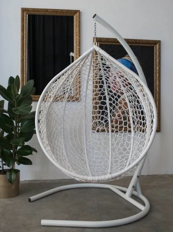 Подвесное кресло кокон садовое Barberries Yova Bubble Plus. Стойка белая до 125 кг, подушка трапеция бежевая - фотография № 4