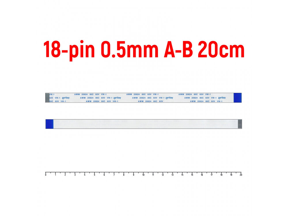 Шлейф FFC 18-pin Шаг 0.5mm Длина 20cm Обратный A-B AWM 20624 80C 60V VW-1