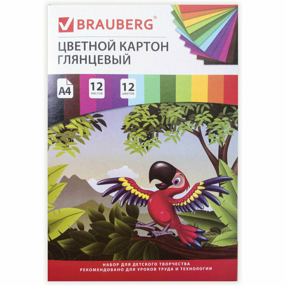 Картон цветной А4 мелованный (глянцевый), 12 листов 12 цветов, в папке, BRAUBERG, 200х290 мм, "Килиманджаро", 129917, 129917