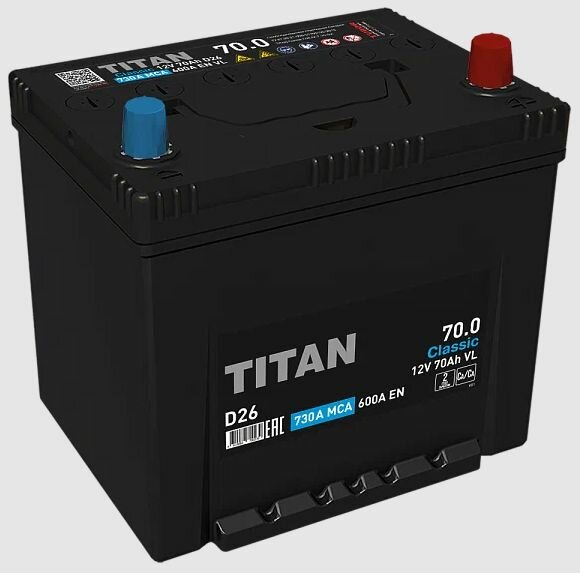 Аккумулятор автомобильный TITAN CLASSIC Asia D26 70 Ач обратная полярность