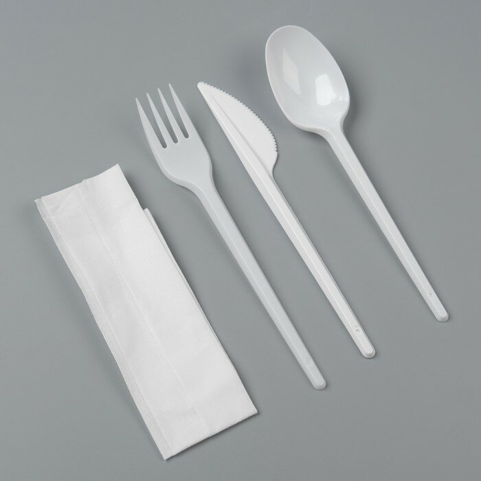 Набор одноразовой посуды «Белый» вилка, ложка, нож, салфетка, 16,5 см - фотография № 1