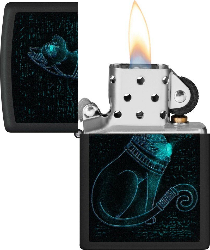 Зажигалка ZIPPO Spiritual Cat с покрытием Black Light, латунь/сталь, черная, матовая 38x13x57 мм - фотография № 3