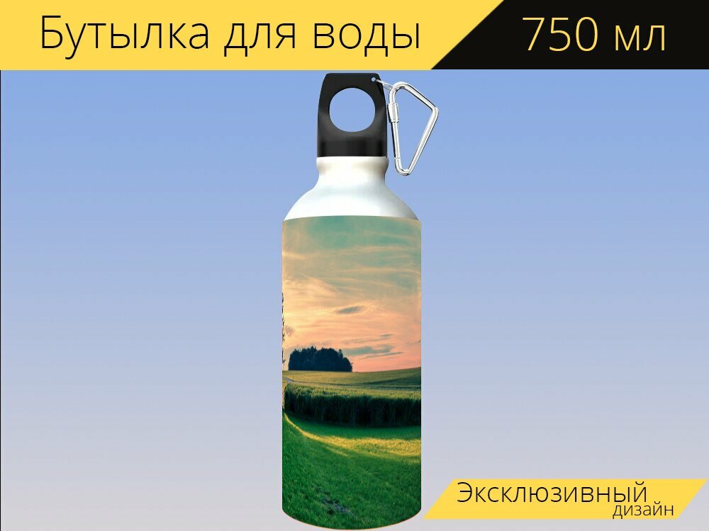 Бутылка фляга для воды "Заход солнца, луг, пейзаж" 750 мл. с карабином и принтом