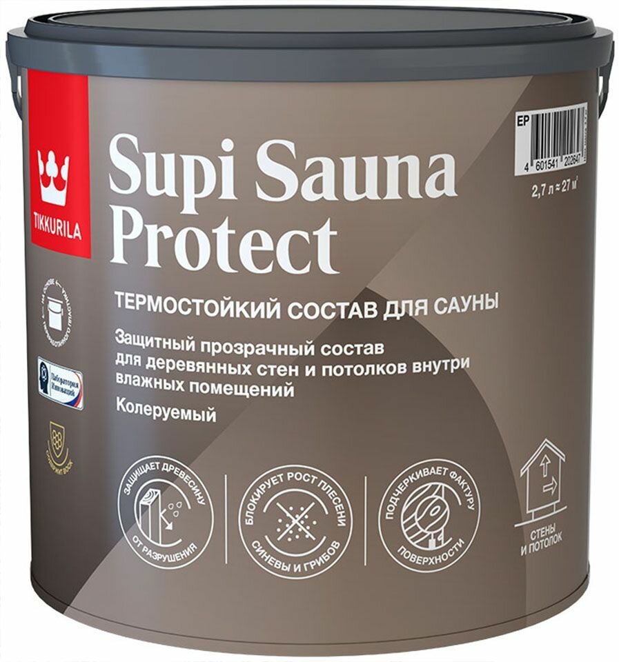 Защитный состав для стен в сауне Tikkurila Sauna Protect База EP бесцветный полуматовый 9 л - фото №1