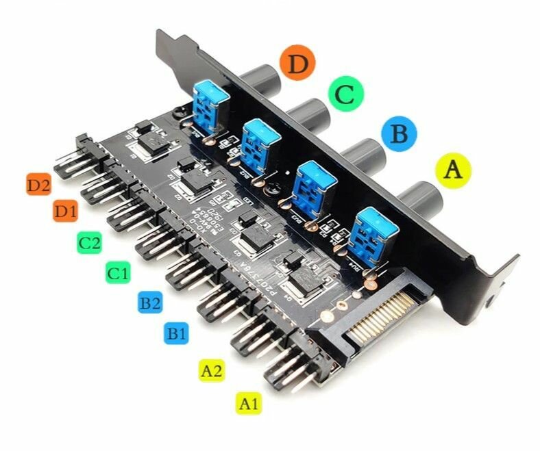 4 регулировки скорости кулера: 8 вентиляторов 3 или 4 pin. Контроллер с питанием от SATA.