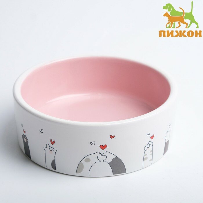 Миска керамическая "Любовь и коты"300 мл 12,5 x 4,5 cм, розово-белая - фотография № 1