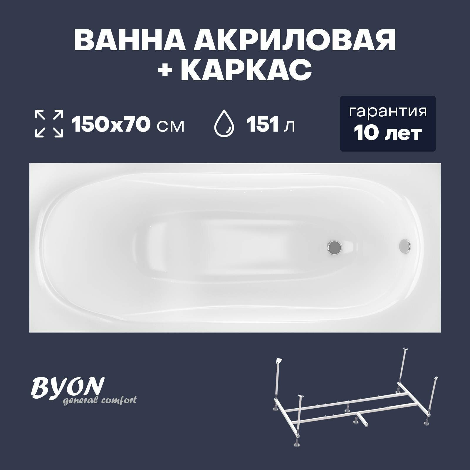 Ванна акриловая Byon Agesta 150х70х59 см в комплекте с каркасом