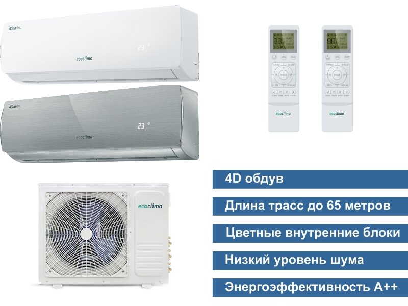 Мульти сплит-система на 2 комнаты Ecoclima СM3-H22/4DR2 + CMWM-H09/4R2-W + CMWM-H09/4R2-S (30м2 + 30м2) - фотография № 2