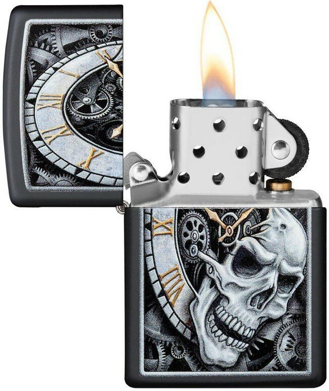 Зажигалка ZIPPO Skull Clock с покрытием Black Matte, латунь/сталь, чёрная, матовая, 38x13x57 мм - фотография № 2