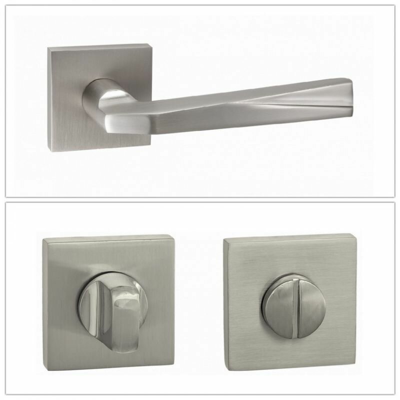 фото Комплект ручек для дверей Renz INDH_54-03_MSN_W, никель супер матовый (ручка + завертка WC)