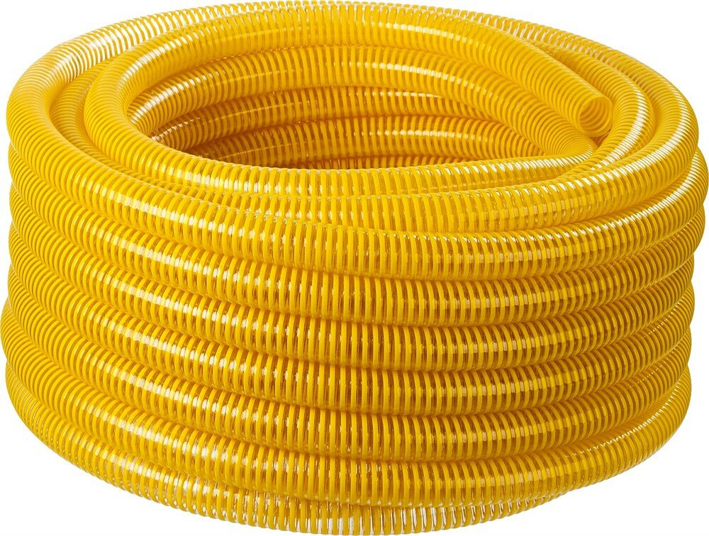 ЗУБР Шланг напорно-всасывающий со спиралью ПВХ, 10 атм, 38мм х 30м прозрачный с желтым - фотография № 1
