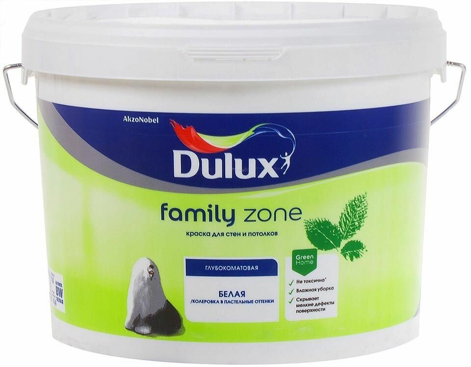 DULUX Family Zone база BW краска в/д для стен и потолков белая матовая (45л) / DULUX Family Zone base BW краска на водной основе для стен и потолков