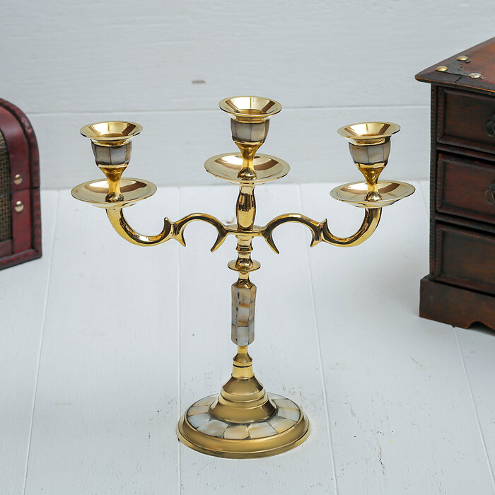 Подсвечник латунь на 3 свечи "Кардинал" 23 см. перламутр - фотография № 1