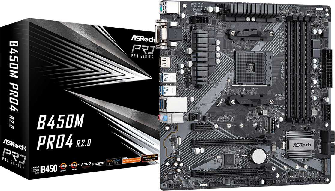 ASRock B450M PRO4 R2.0 (ATX, B450, 4xDDR4-3200, M.2, DisplayPort, VGA, HDMI)