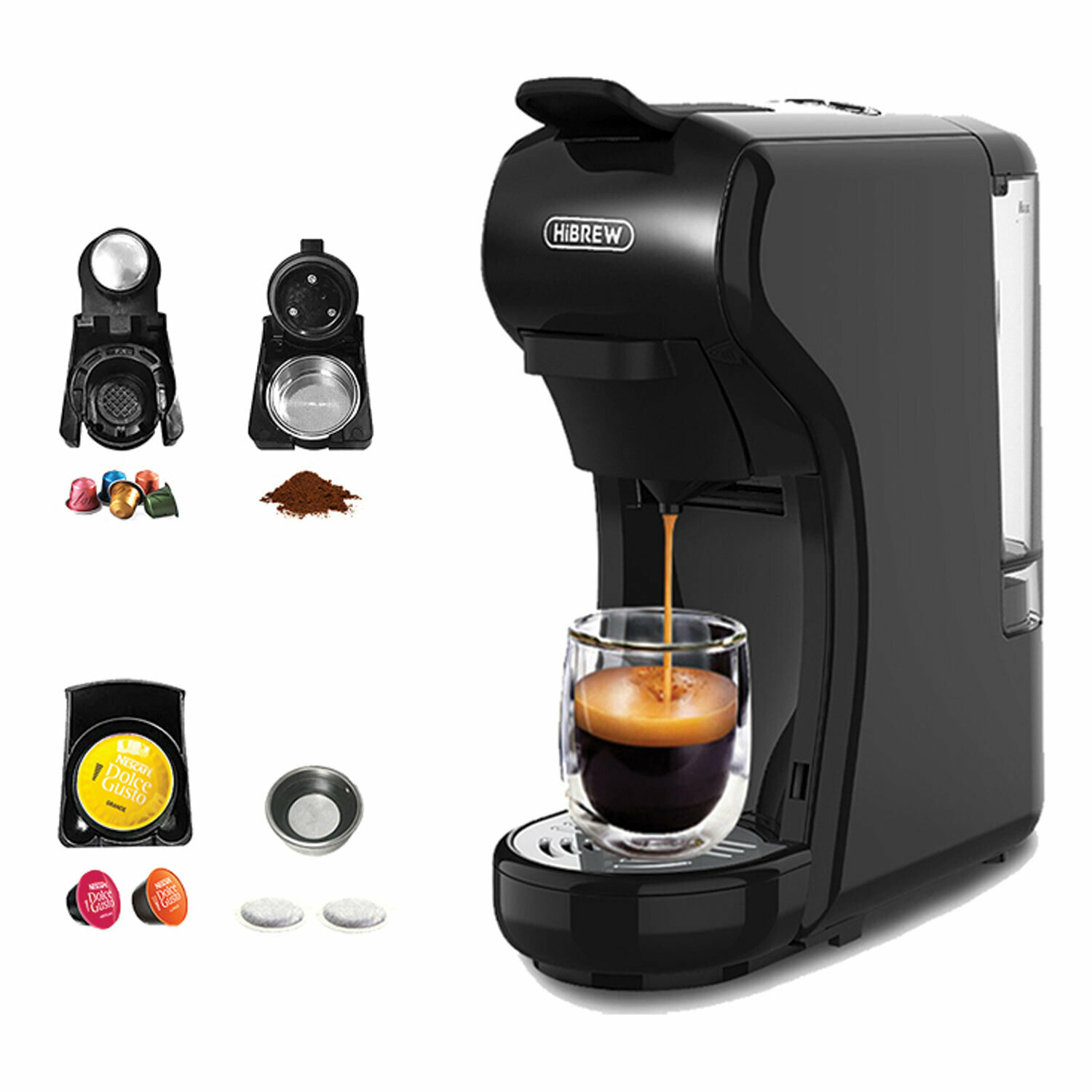 Кофемашина капсульная 4 в 1 NESPRESSO/DOLCEGUSTO/чалды/молотый HIBREW H1A, 1450 Вт, объем 0,7 л, черная - фотография № 2