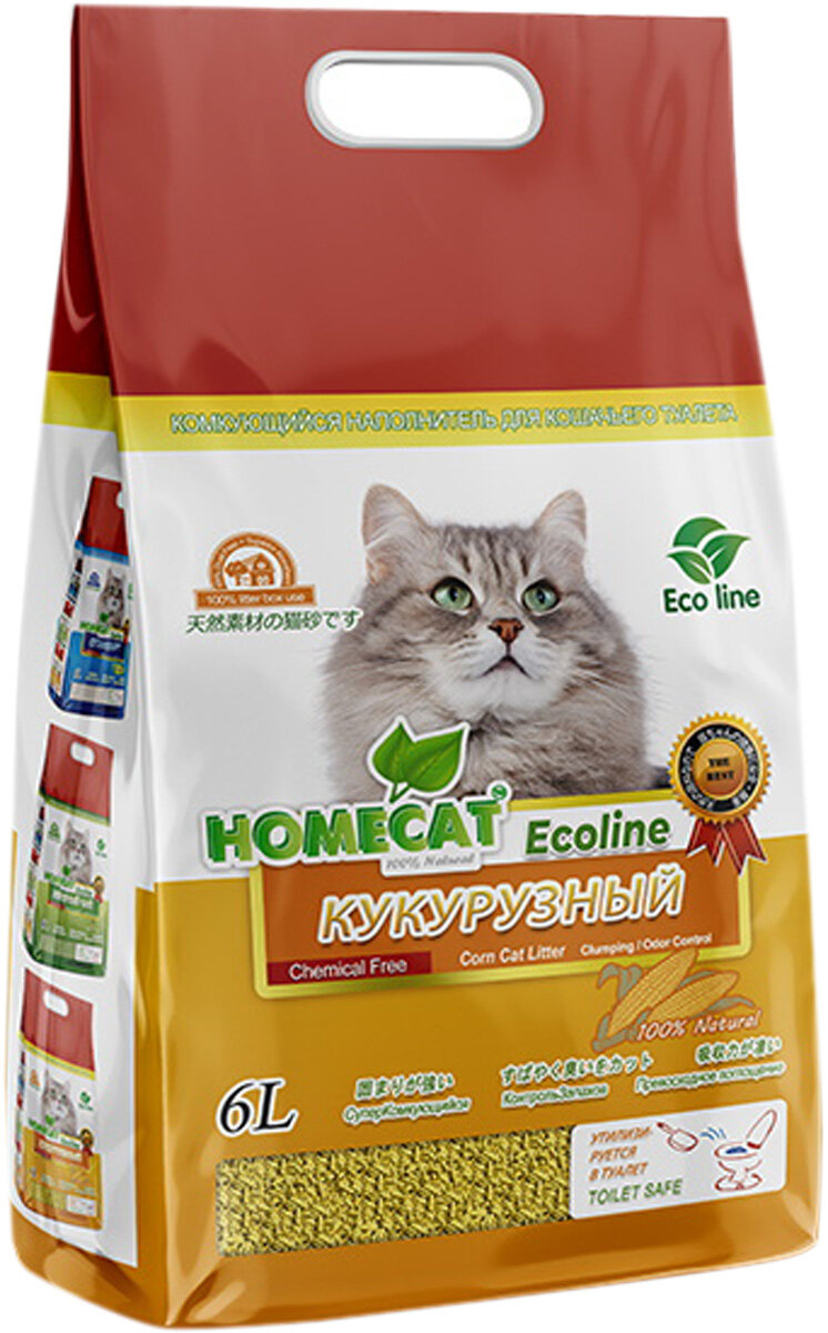 HOMECAT эколайн кукурузный наполнитель комкующийся для туалета кошек (6 л х 4 шт)