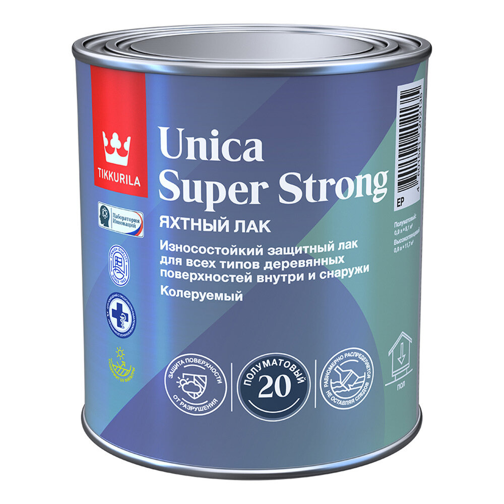 фото Лак алкидно-уретановый яхтный Tikkurila Unica Super Strong основа EP бесцветный 0,9 л полуматовый